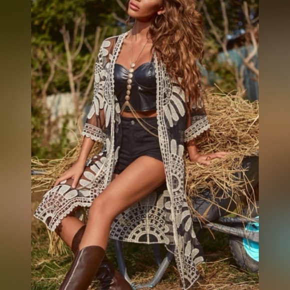 NEW Western Black White Sheer Floral Tribal Embroidered Summer Cover-Up (#1,310) - Picture 5 of 10